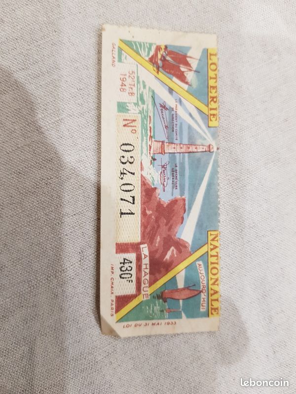 Billet de loterie ancien de 1948 phare de la hague (image 1)