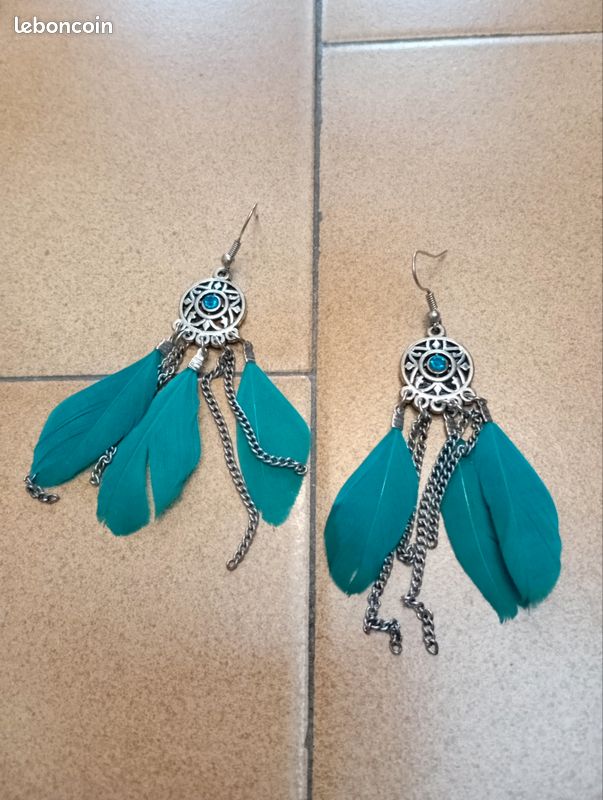 Boucles D'oreilles Percées Plumes Métal Doré Et Turquoise - Occasion état Neuf