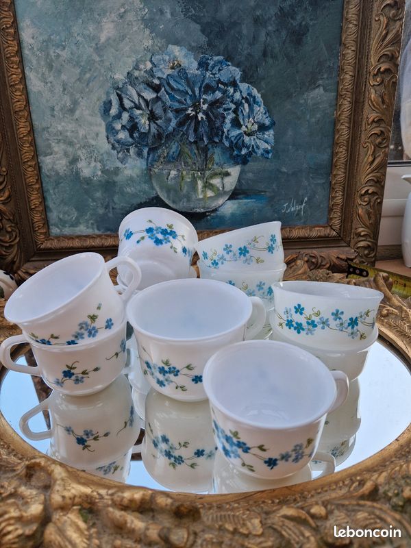 Lot De 6 Grandes Tasses à Café Arcopal France – Motif Myosotis – H 8 Cm