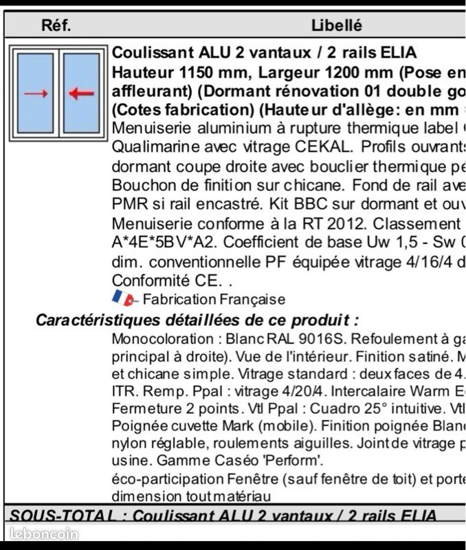 Fenêtre : Coulissant alu 2 vantaux 120 cm 1200mm 2 rails (image 12)