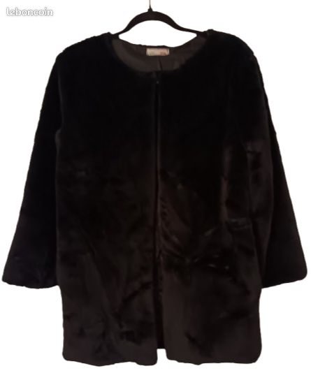 Veste En Cuir Et Fourrure - Taille M (38-40), Noir Et Beige, Occasion Très Bon état - Sans Marque