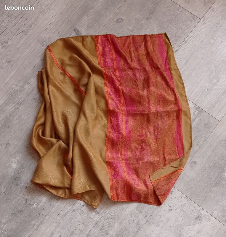 Écharpe ,châle coton et soie orange et rose (image 1)