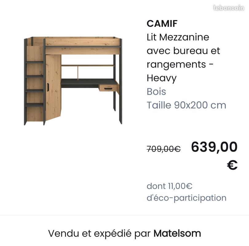 🛏️ Lit mezzanine 90x200 avec bureau & placard sans matelas (image 12)