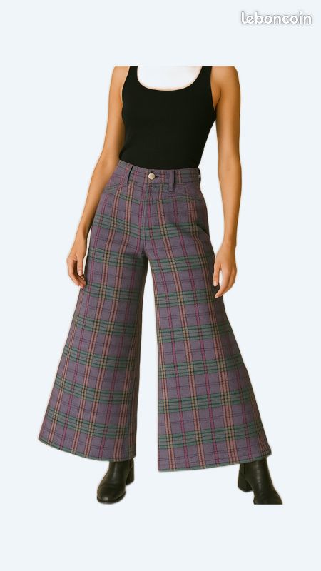 Pantalon Large à Carreaux Violet Vintage – Style Rétro Élégant