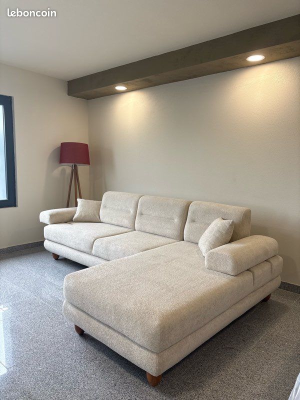 Canape d’angle tissus beige avec coffre (image 1)