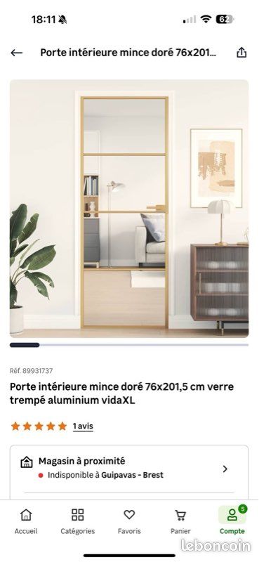 Porte vitrée et métal doré (image 1)