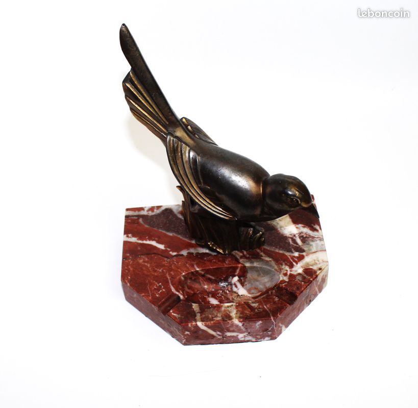Cendrier ancien en marbre hexagone et oiseau en bronze (image 3)
