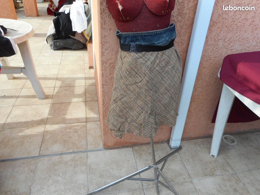 Jupe mi longue évasée beige mouchetée ceinture jean T 42 KOOKAI (image 6)