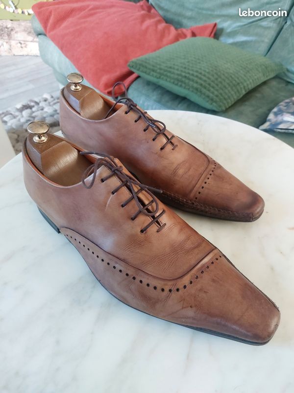 Chaussures Habillées Santoni Pour Homme - Cuir Noir - Pointure US 8 - Fabriqué En Italie