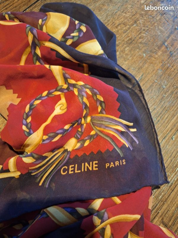 Foulard En Soie CÉLINE Vintage - Rouge - Motif Bateau - Écharpe Femme - Occasion