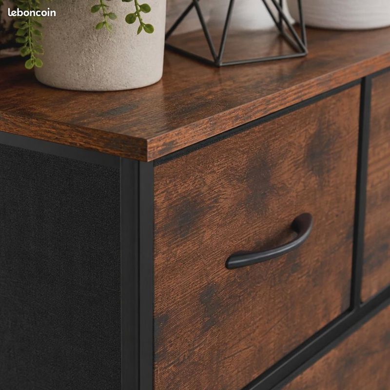 Commode marron à 7 tiroirs en tissu, structure en métal et plateau en bois, meuble de rangement pour chambre à coucher (image 4)