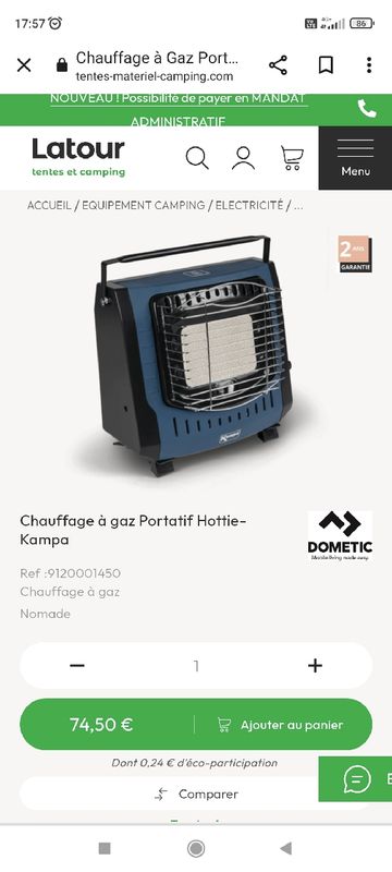 Chauffage portatif à cartouche de gaz Hottie KAMPA - Norauto