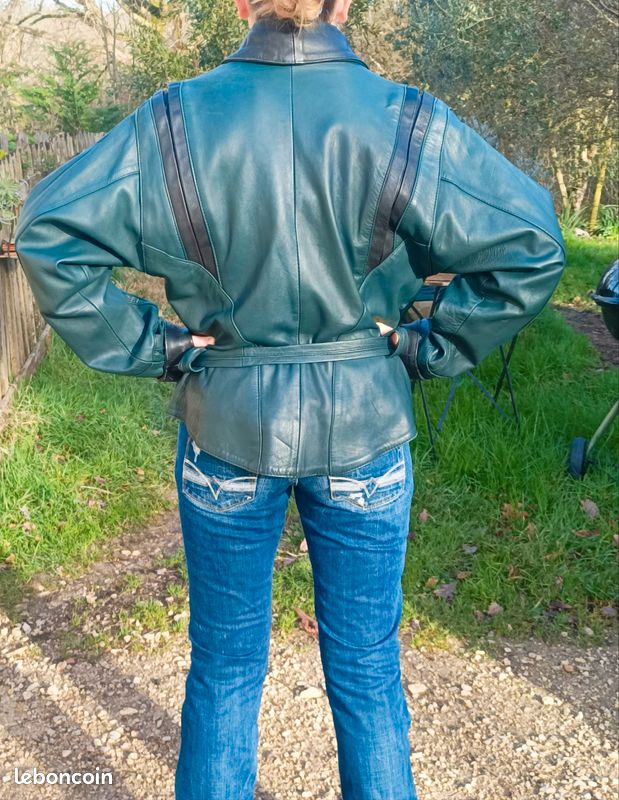 Blouson veste blazer cuir vert noir années 80 cintrée loose oversize ancien vintage (image 3)
