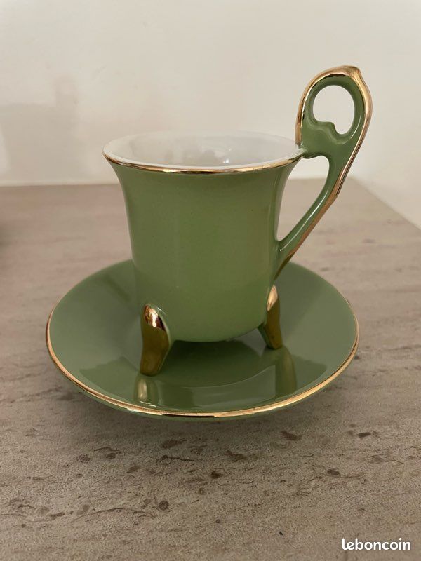 Gobelet En Porcelaine 12,5 Cl Geneviève Lethu - Collection Balade Dans La Jungle - Motif Vert Vintage - Hauteur 6 Cm