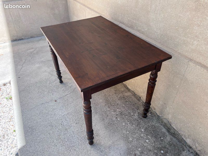 Table de ferme / Bureau ancien pieds tournés en bois massif — Option aérogommage / brut (image 2)