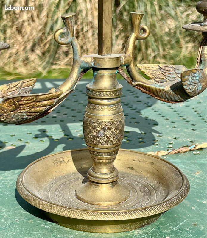 Lampe bouillotte de style Empire bronze doré décors de cygnes Napoléon 1er XIXème siècle porte binets ancienne (image 7)