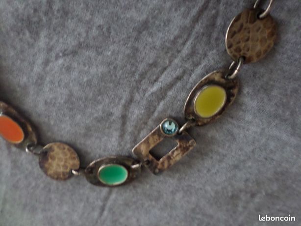 Collier Vintage Signé Entre Guillemets - Plaqué Argent émaillé Bleu Vert