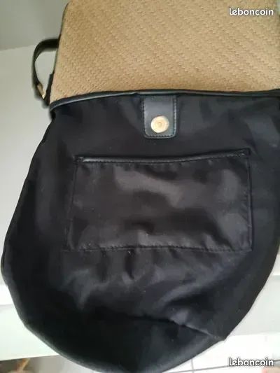 Sac à main noir et beige tressé avec bandoulière, fond rond NEUF 10 (image 6)