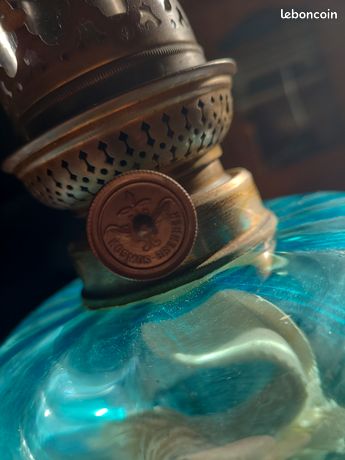 Lampe à Pétrole Ancienne Vers 1900 - Verre Turquoise, 8 Brûleurs, Abat-jour - Style Art Nouveau