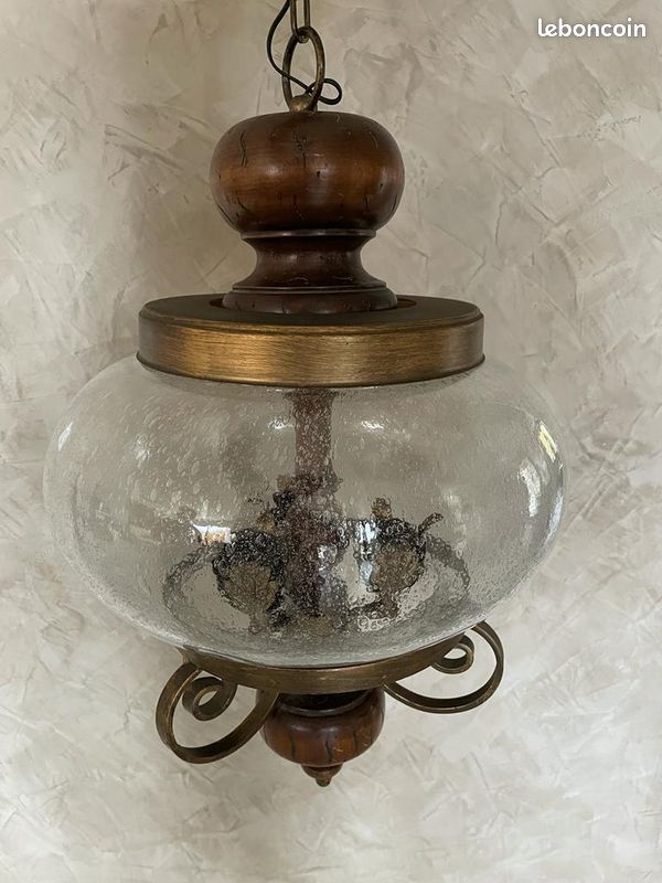 Lustre bronze bois verre (image 1)