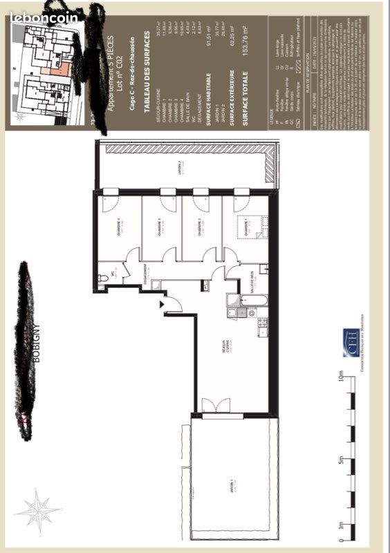 Appartement 5 pièces 92 m² · à Bobigny · 91,5 m² · 1 900 €