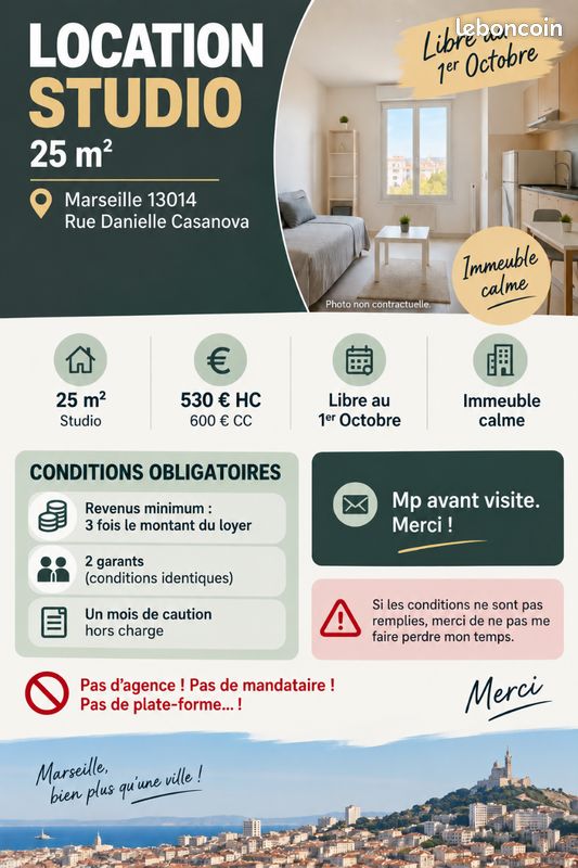 Appartement 1 pièce 25 m² · à Marseille · 25 m² · 600 €/mois