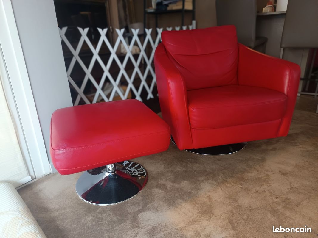 Salon cuir rouge XXL Maison - canapé + fauteuil + 2 poufs - design (image 7)