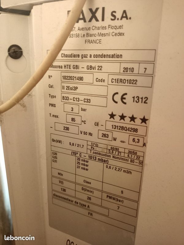 Corps De Chauffe Et Bloc Gaz Pour Chaudière Chappee Moorea - Occasion, Servi 1 Hiver - Classe A++