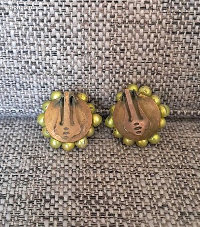 Boucles D'oreilles Clips Vintage Années 70 - Pampilles, Perles Olive Noir Et Or - Modèle 694