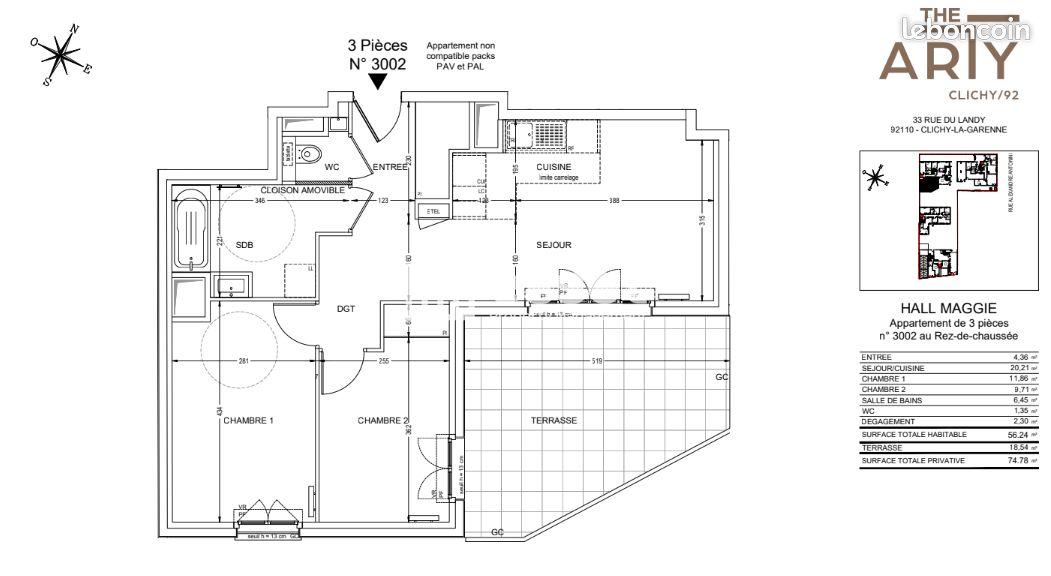 Appartement 3 pièces 56 m² · à Clichy · 56 m² · 1 462 €/mois