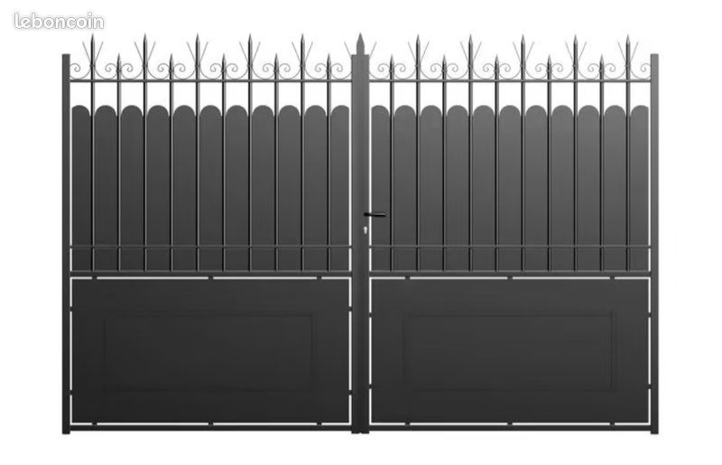 Portail double battant neuf, en métal galvanisé, de couleur noire, mesurant 1,90 m de haut et 4 m de large (image 1)