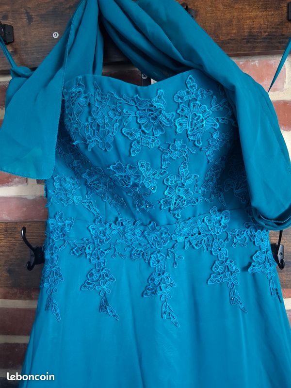 Robe de soirée JUJU & CHRISTINE Bleu Paon Dentelle + Châle - Taille M 38/40 (image 5)