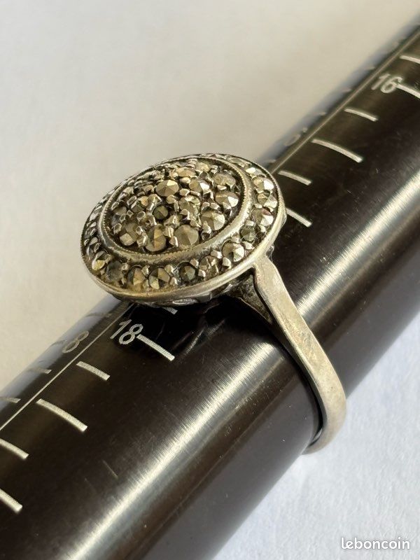 Bague Ancienne Argent Et Marcassites Circa 1900 - Taille 49 - Bijou Vintage Français 19e Siècle