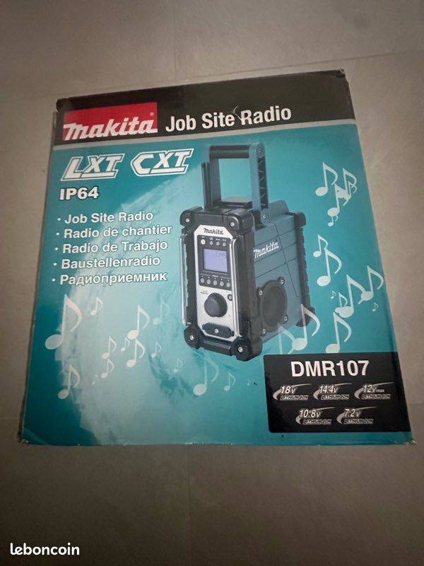 «Radio de chantier Makita DMR107, état neuf, compatible batteries 18V, 14.4V, IP64 (image 1)