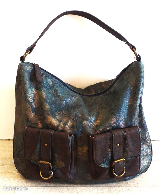 Sac NEUF en Jean bleu motif Doré & Simili Cuir Marron (image 9)