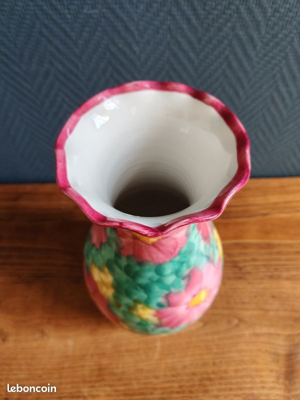 Vase Ancien En Grès Vernissé, Décor Ceinture De Fleurs Style Barbotine | Multicolore, Occasion