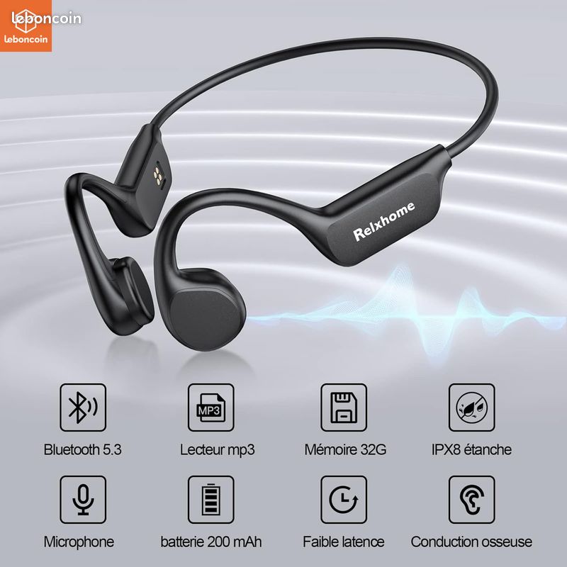 Casque Conduction Osseuse Natation Bluetooth 5.3 - 32Go MP3 étanche IPX8