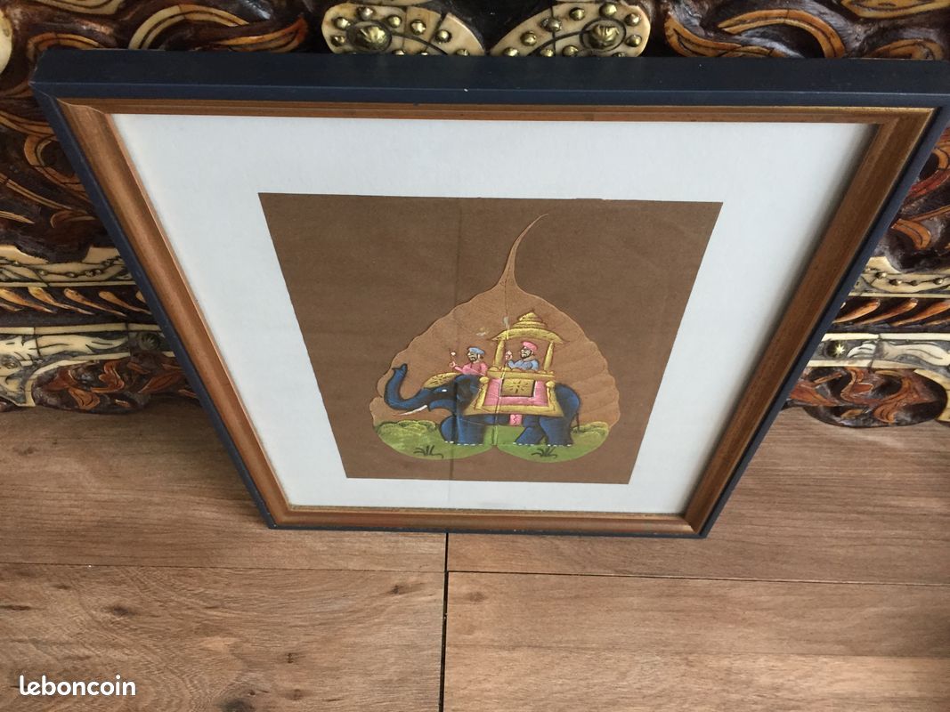 Tableau Peinture sur feuille de Figuier Séchée Oriental-insolite-Inde-populaire-persan-tibet-asie-asaitique-décoratif-vintage-art-artisanal- (image 5)