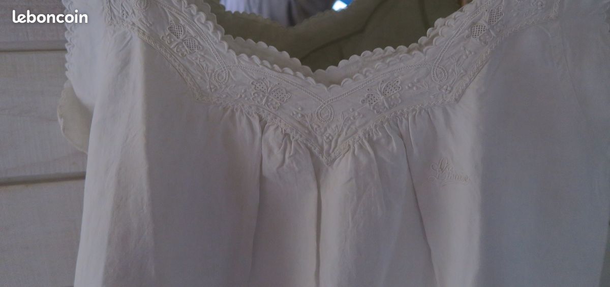 ANCIENNE BLOUSE/BIAUDE OU chemise de Nuit en LIN Monogramme vintage EUR 35,00 - FR