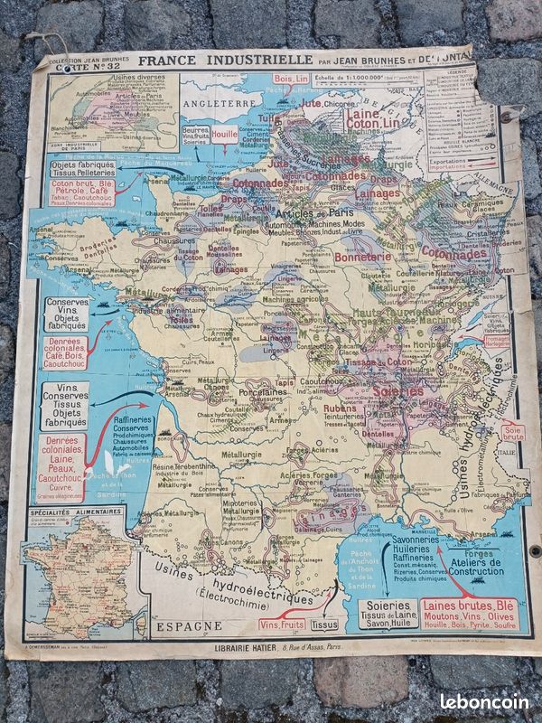 Ancienne grande carte scolaire affiche - France Industrielle et minérale - BRUNHES (image 1)