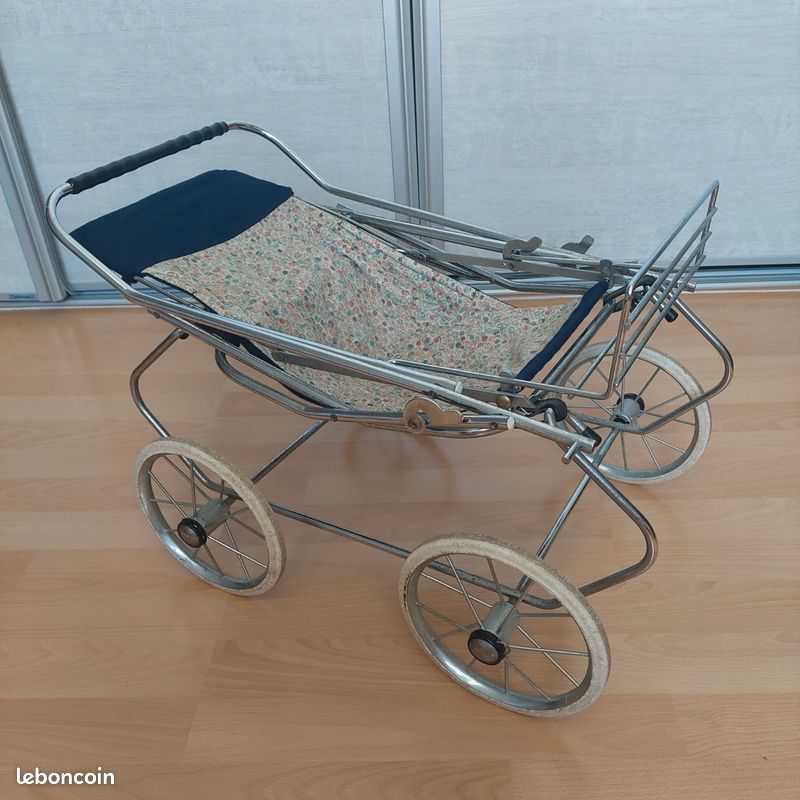Ancienne Poussette Pliante Pour Poupée – Métal Et Bois, Jouet Enfant Années 50