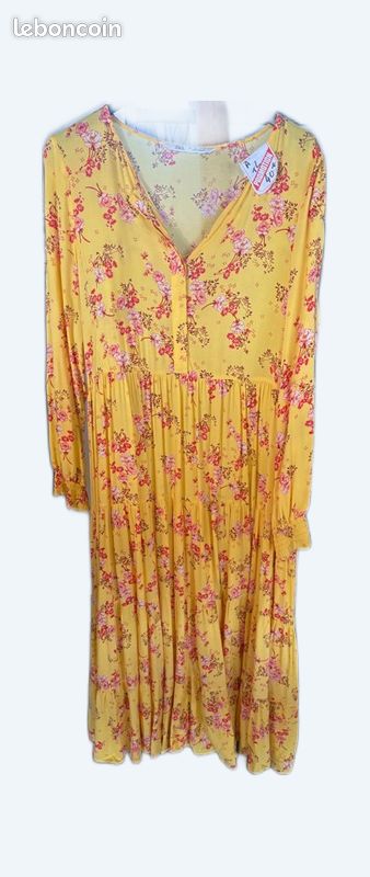 Robe Zara Manches Longues - Taille 38 - Jaune/bordeaux/rouge - Coupe Ample Midi
