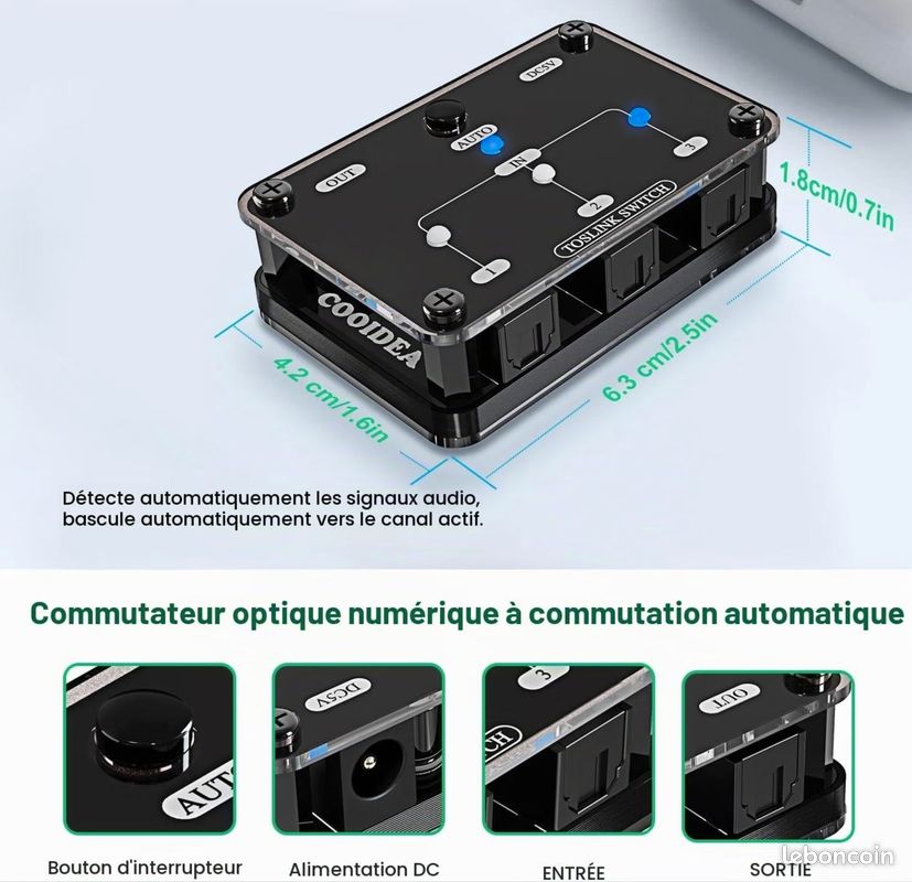 COOIDEA Commutateur Automatique Numérique Optique 3x1 SPDIF Toslink (image 2)