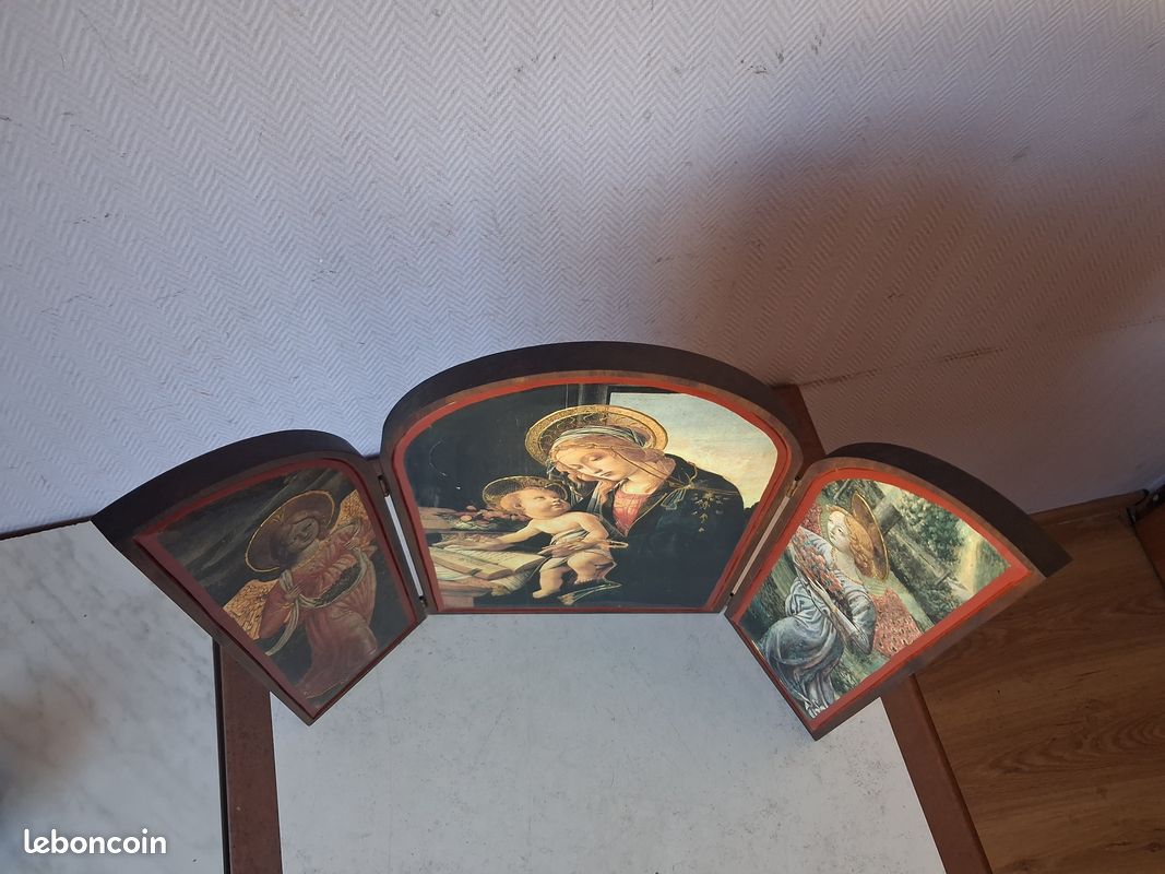 Ancien triptyque en bois épais vierge-jésus-anges vintage (image 8)