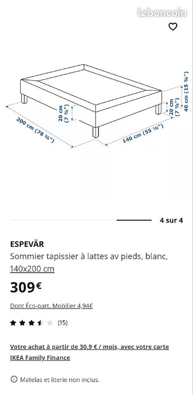 ESPEVÄR Sommier tapissier à lattes av pieds, blanc, 140x200 cm neuf sous emballage (image 2)