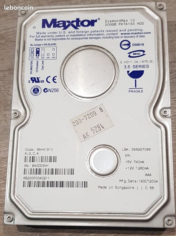 Disque Dur IDE 3,5" 200 Go Interne Bureau - Occasion Testé Fonctionnel