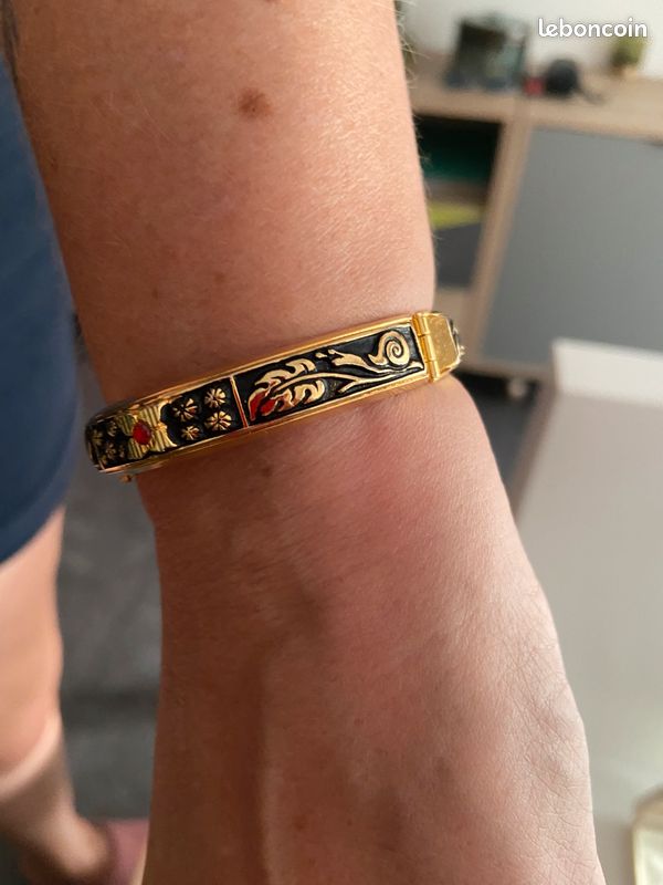 Bracelet Ancien Vintage En Métal Doré Et Toile De Tolède - Occasion Bon État - Style Rétro Français