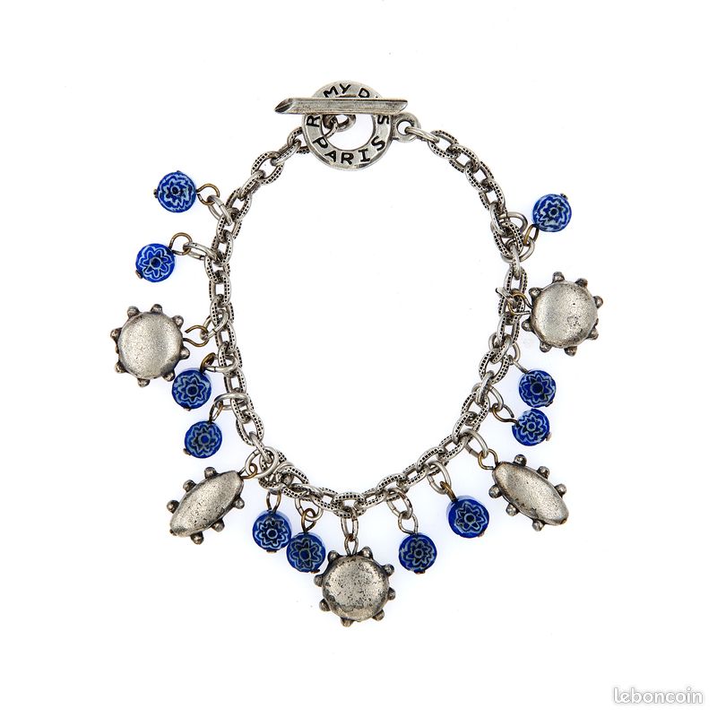Bracelet Fantaisie Vintage - Perles Colorées Et Métal Argenté - Occasion