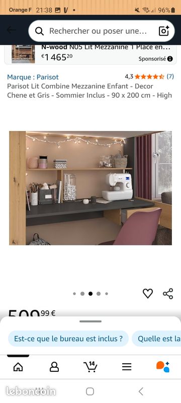 🛏️ Lit mezzanine 90x200 avec bureau & placard sans matelas (image 8)