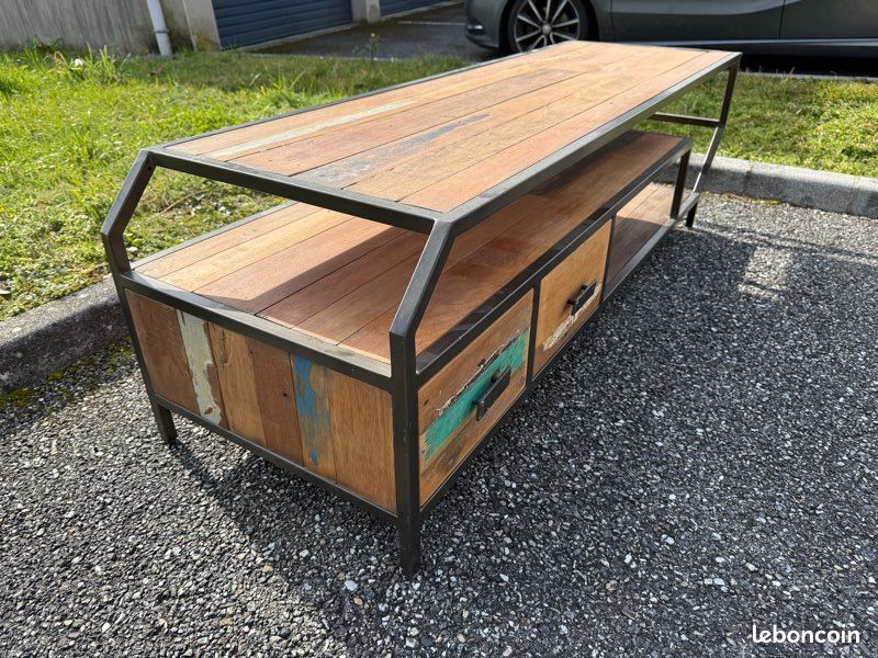 Meuble TV / table basse en bois de bateau et métal (image 4)